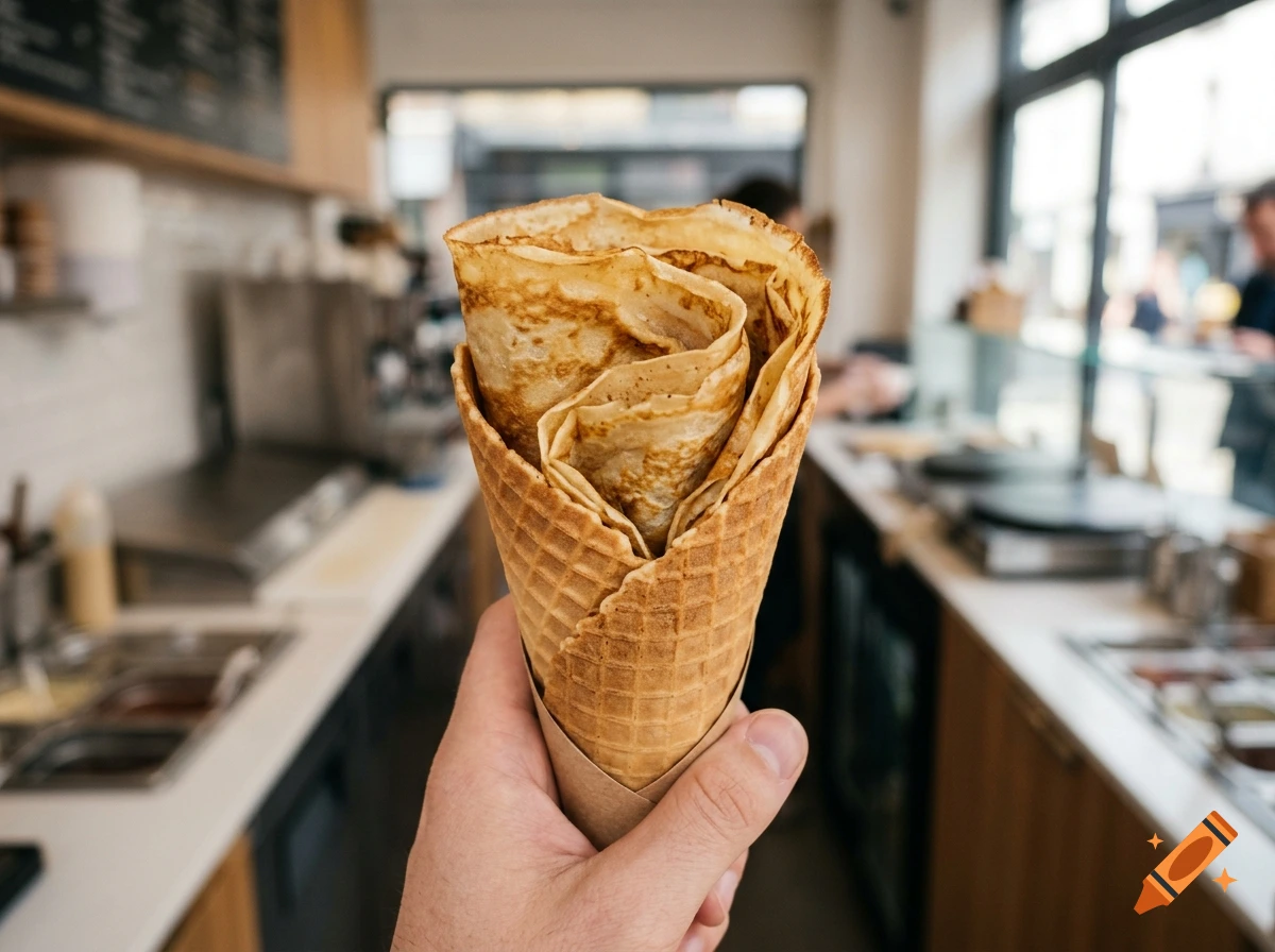 Photorealistic close-up of a rolled crepe served in a waffle cone being held inside a modern creperie.
