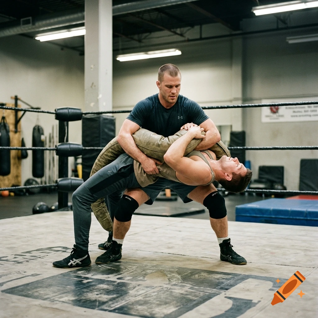 Photorealistic image of a man performing a wrestling backbreaker on a large snake in a boxing ring.