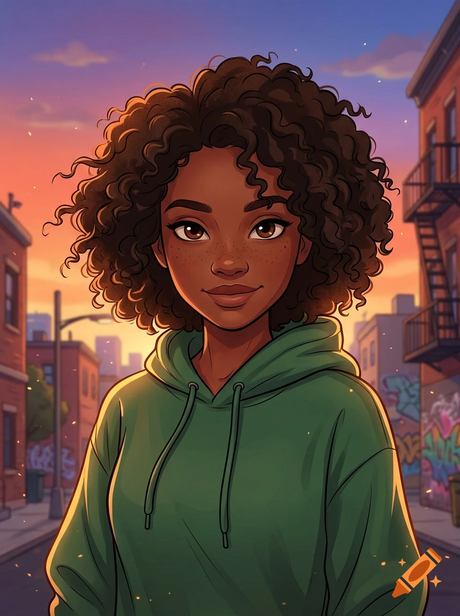 Cartoon portrait of a young Black woman with curly hair and freckles wearing a green hoodie in an urban setting at sunset.