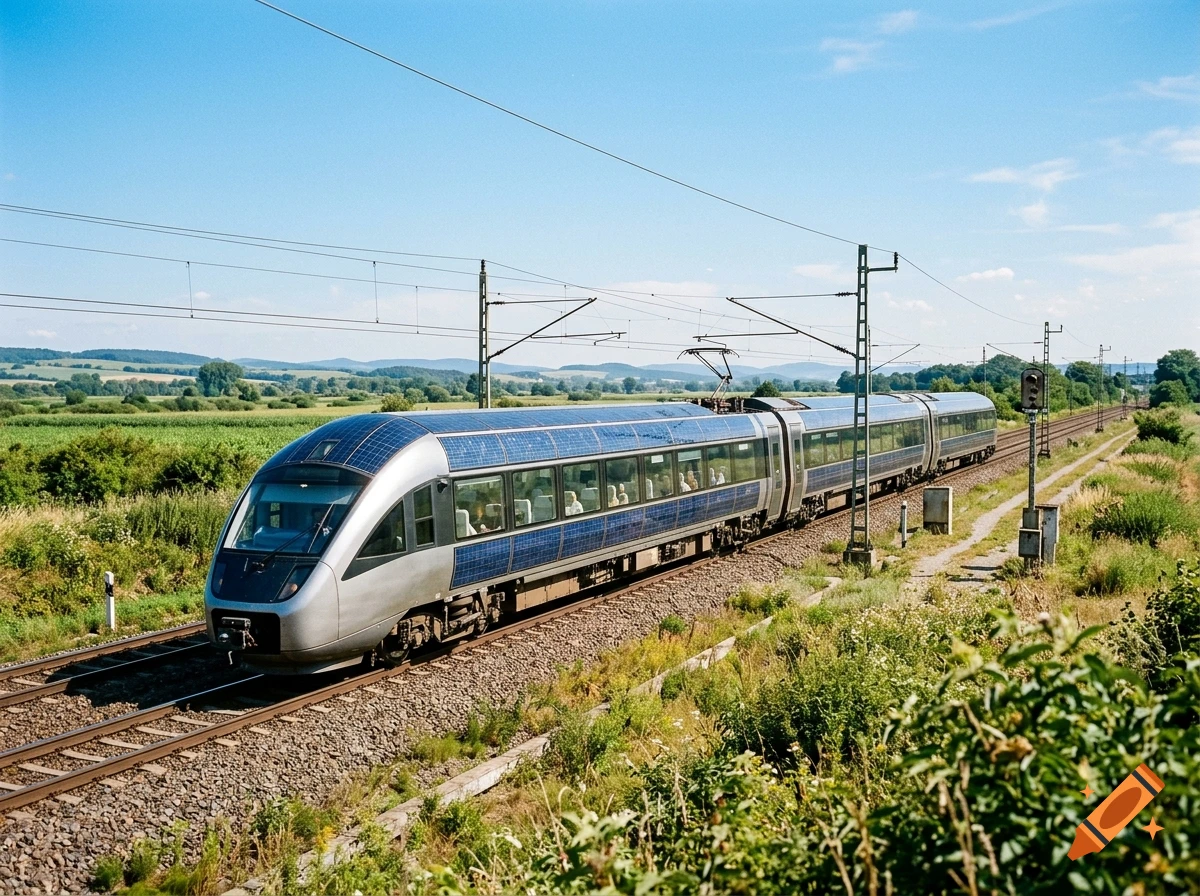 Photorealistic image of a modern solar-paneled train traveling on tracks through a green countryside under a clear blue sky.