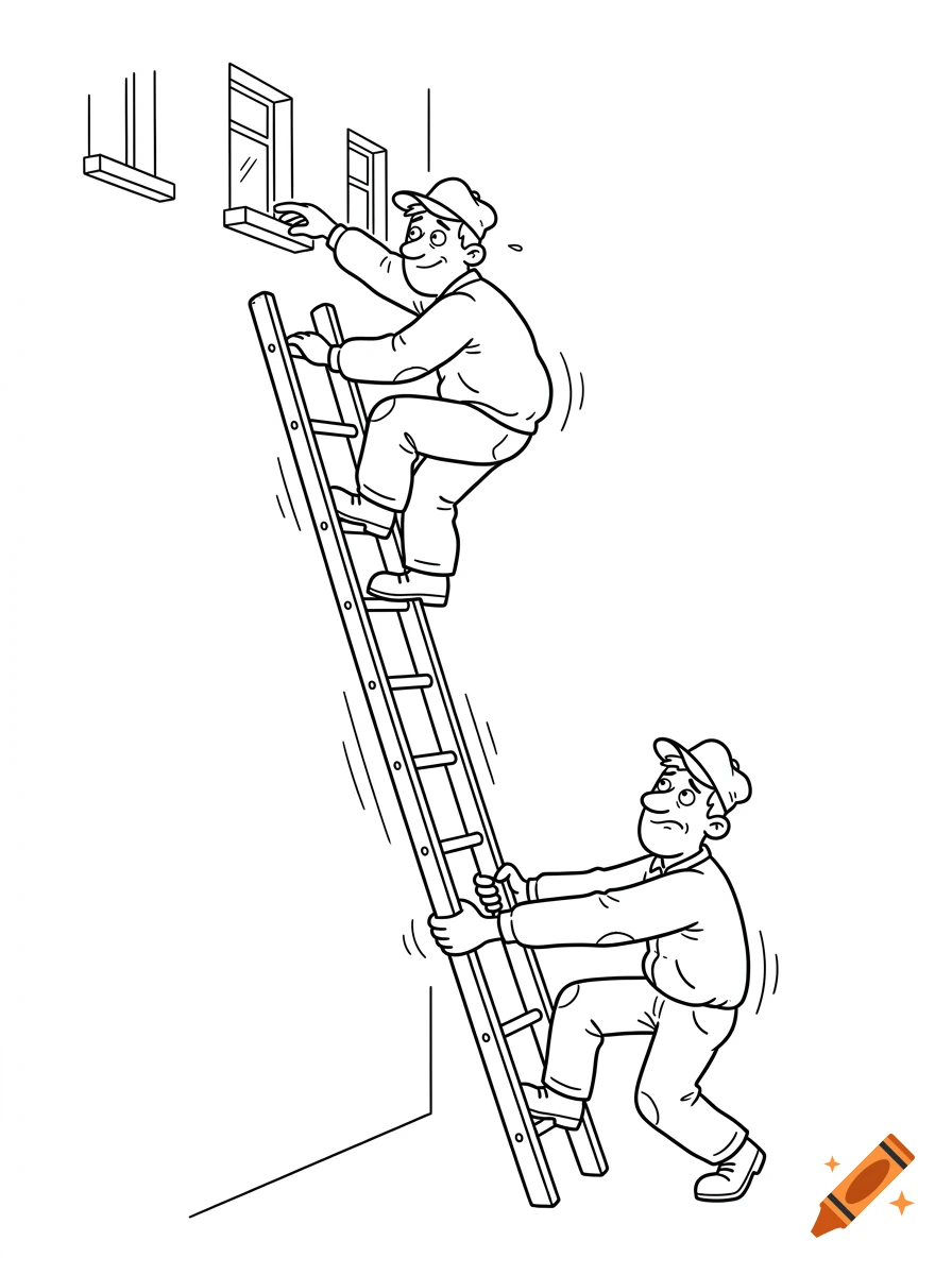 Minimalist black and white line-art cartoon of two clumsy handymen on a shaky ladder against a wall.