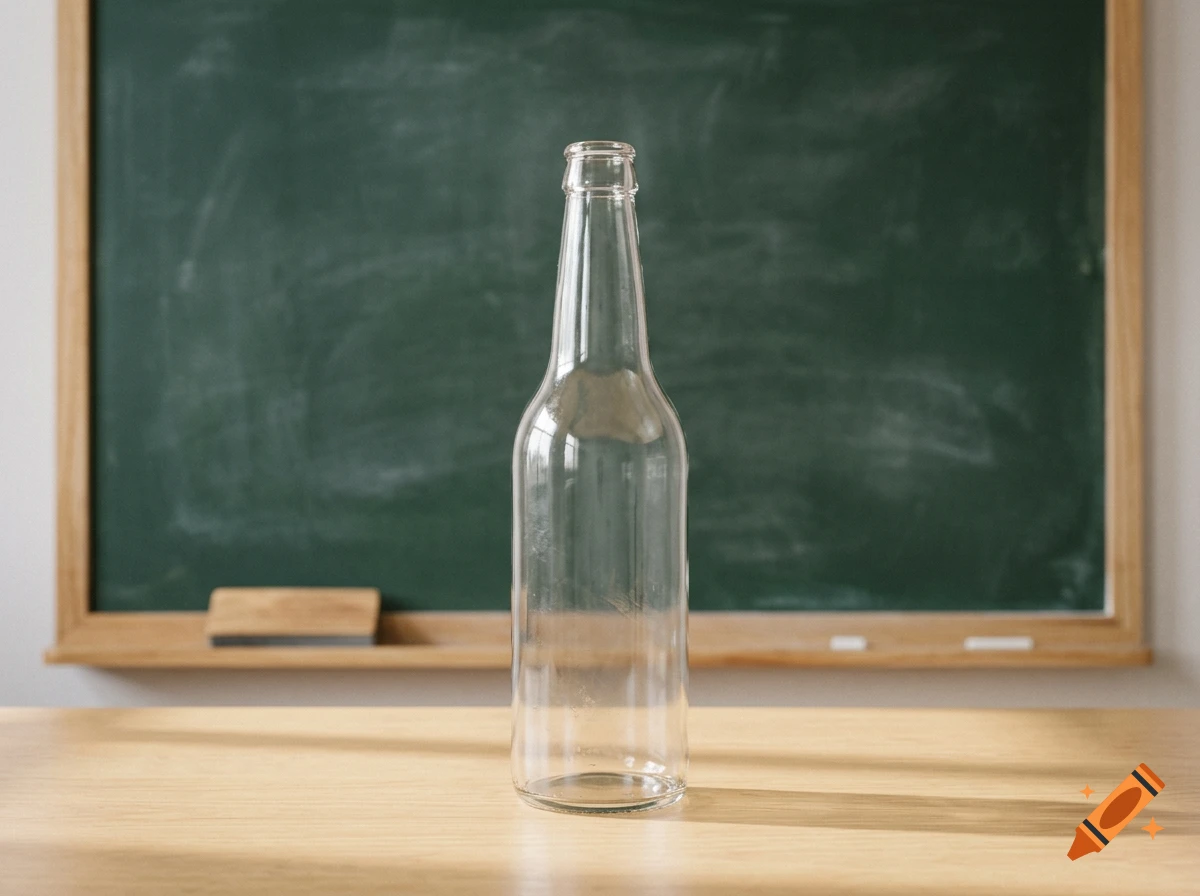 An empty transparent glass bottle stands upright on a wooden table in front of a green chalkboard.
