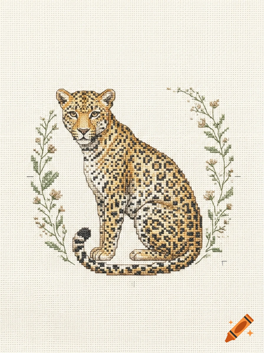 A cross-stitch embroidery of a spotted leopard sitting upright, flanked by delicate leafy floral stems on a cream-colored Aida cloth background.