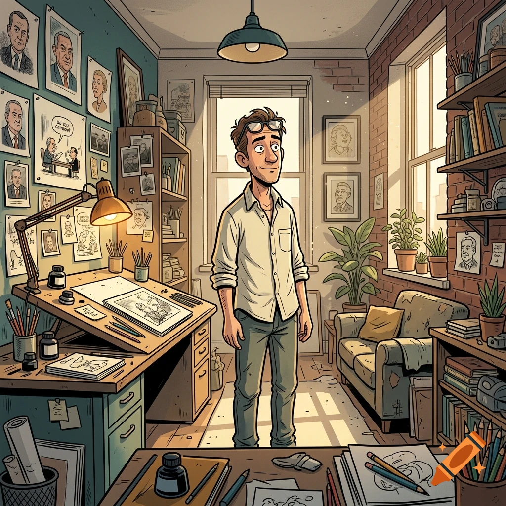 Cartoon illustration of a male artist standing in his cluttered studio apartment surrounded by drawings and sketches.