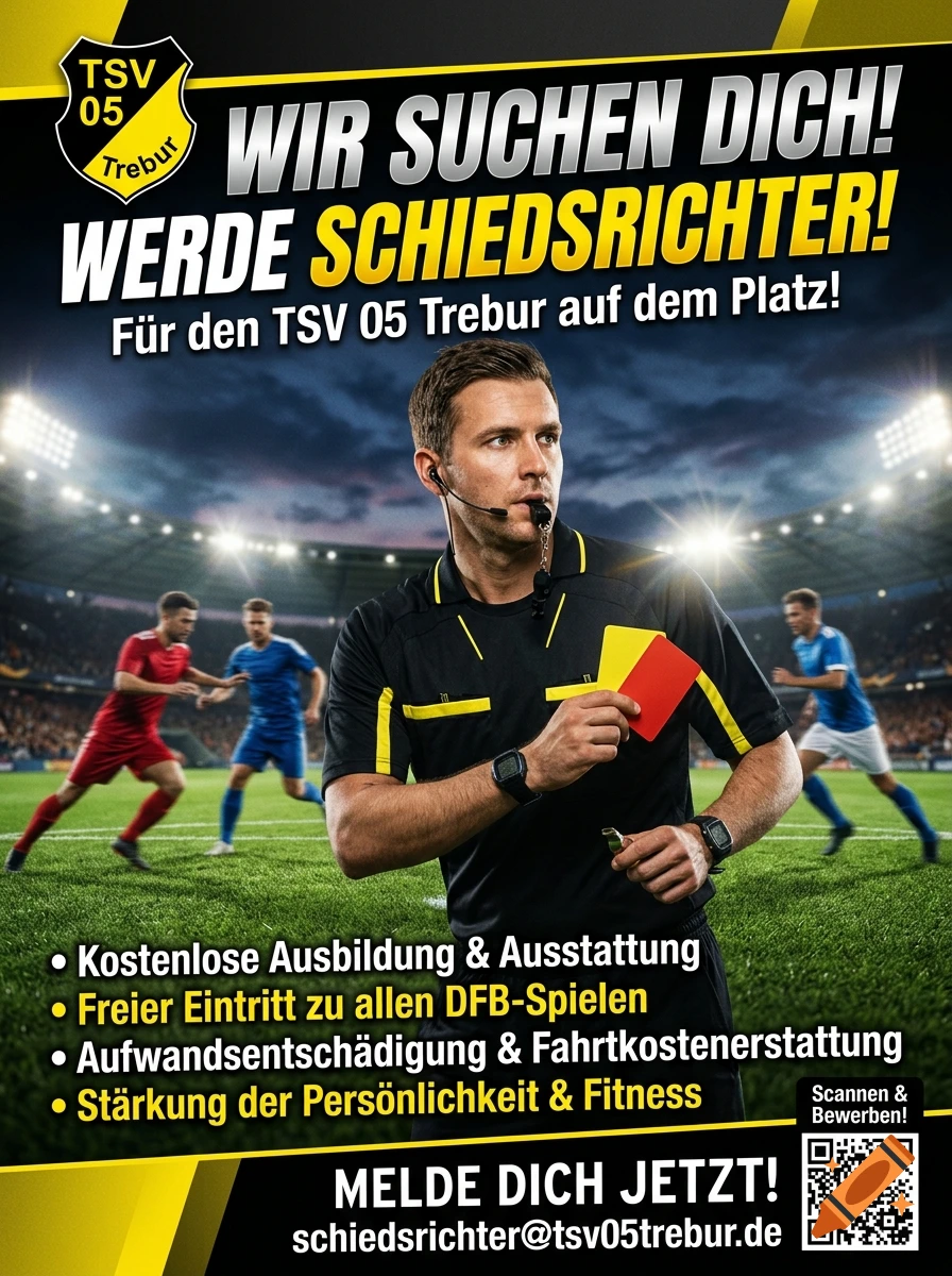 A recruitment poster for sports referees featuring a referee holding yellow and red cards on a soccer field.