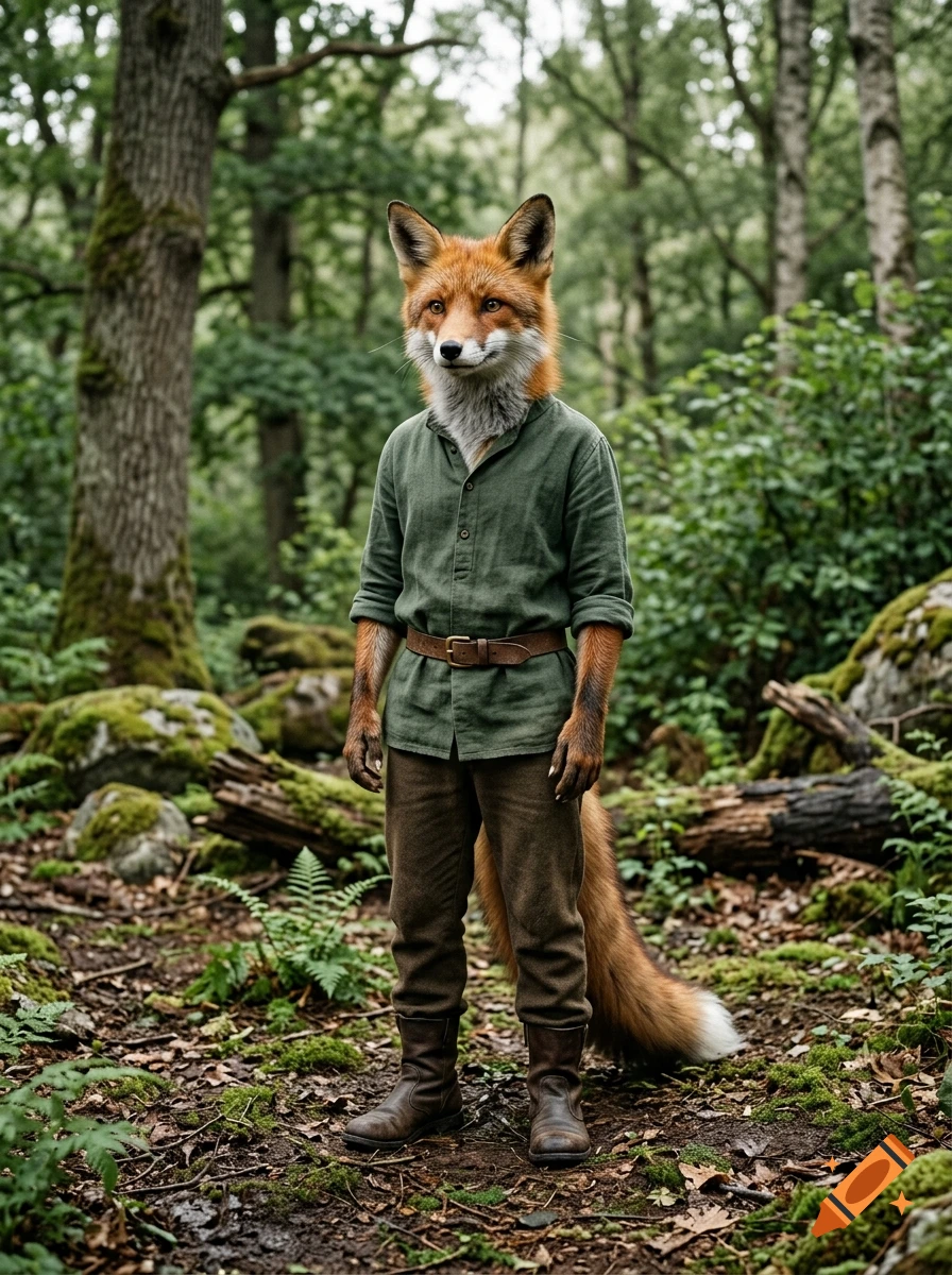 An anthropomorphic red fox wearing a green shirt, brown pants, and boots stands in a lush forest with mossy ground and trees.