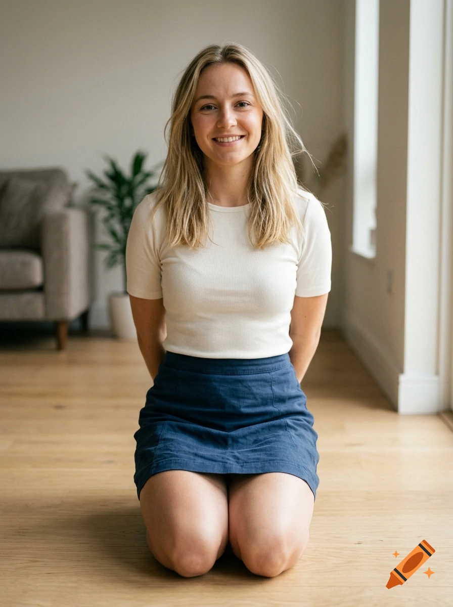 Photorealistic image of a young blonde woman kneeling on a wooden floor in a living room, wearing a white shirt and blue skirt.