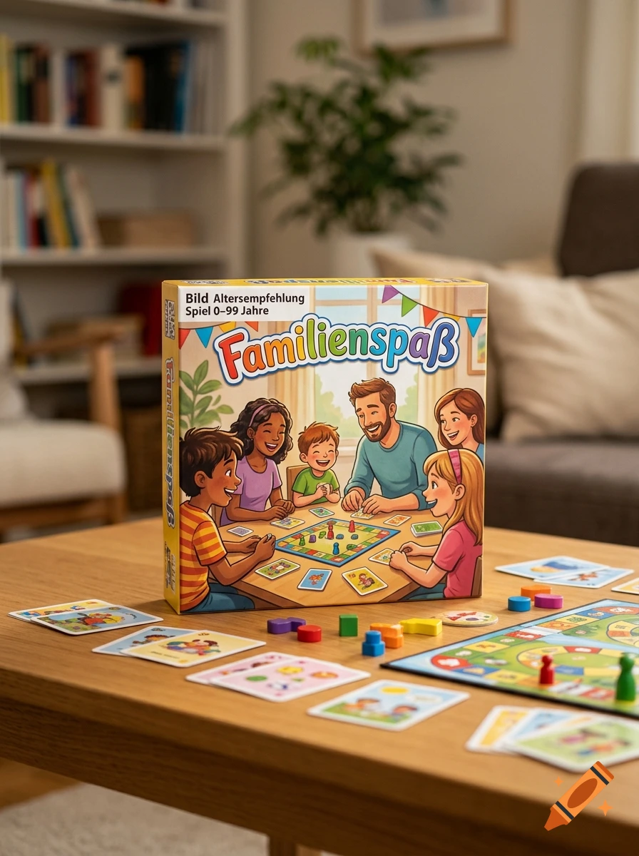 A board game box titled 'Familienspaß' featuring an illustration of a diverse family playing a board game together, placed on a wooden coffee table in a living room.