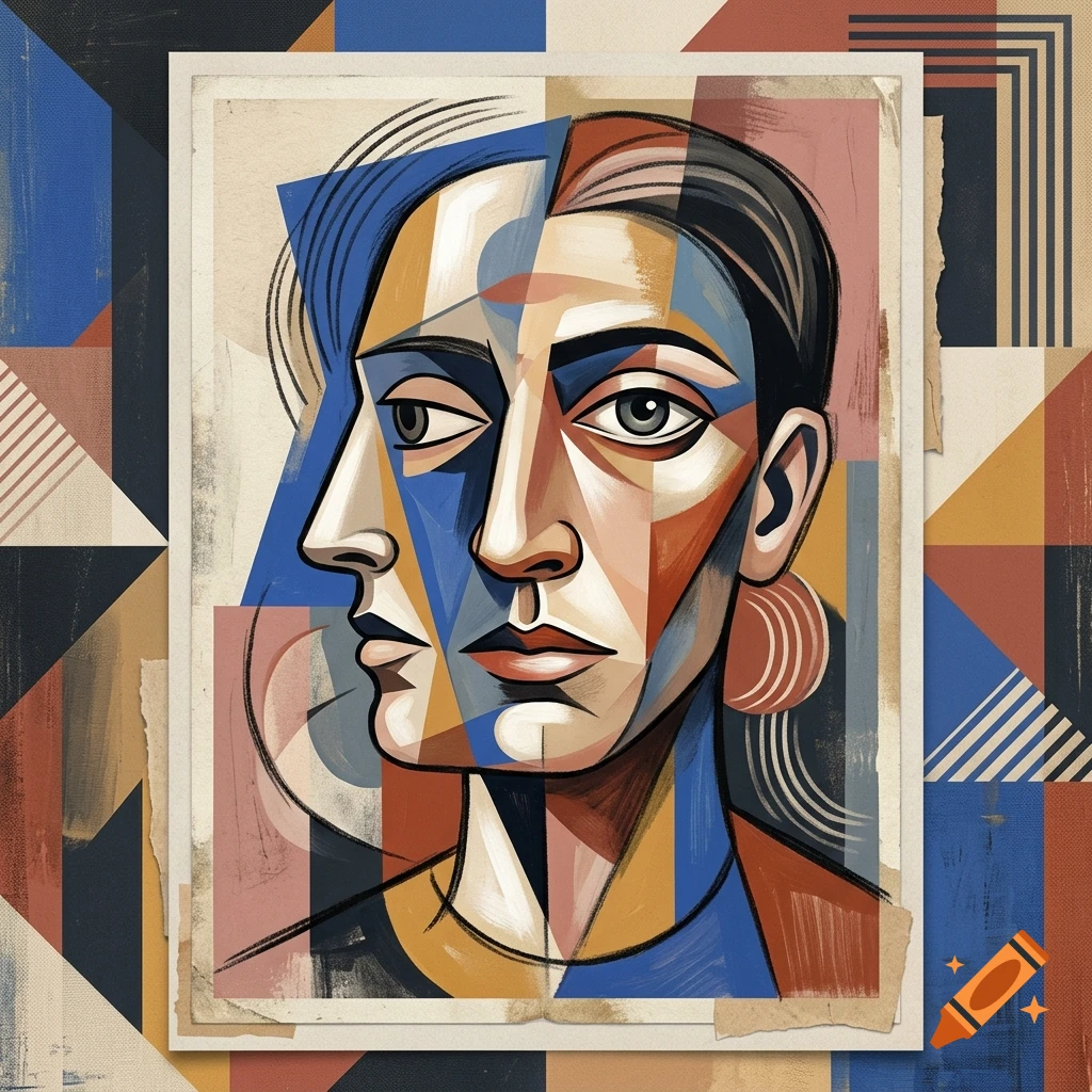 Cubist-style portrait of a person in profile and frontal view, using geometric shapes and a muted color palette.