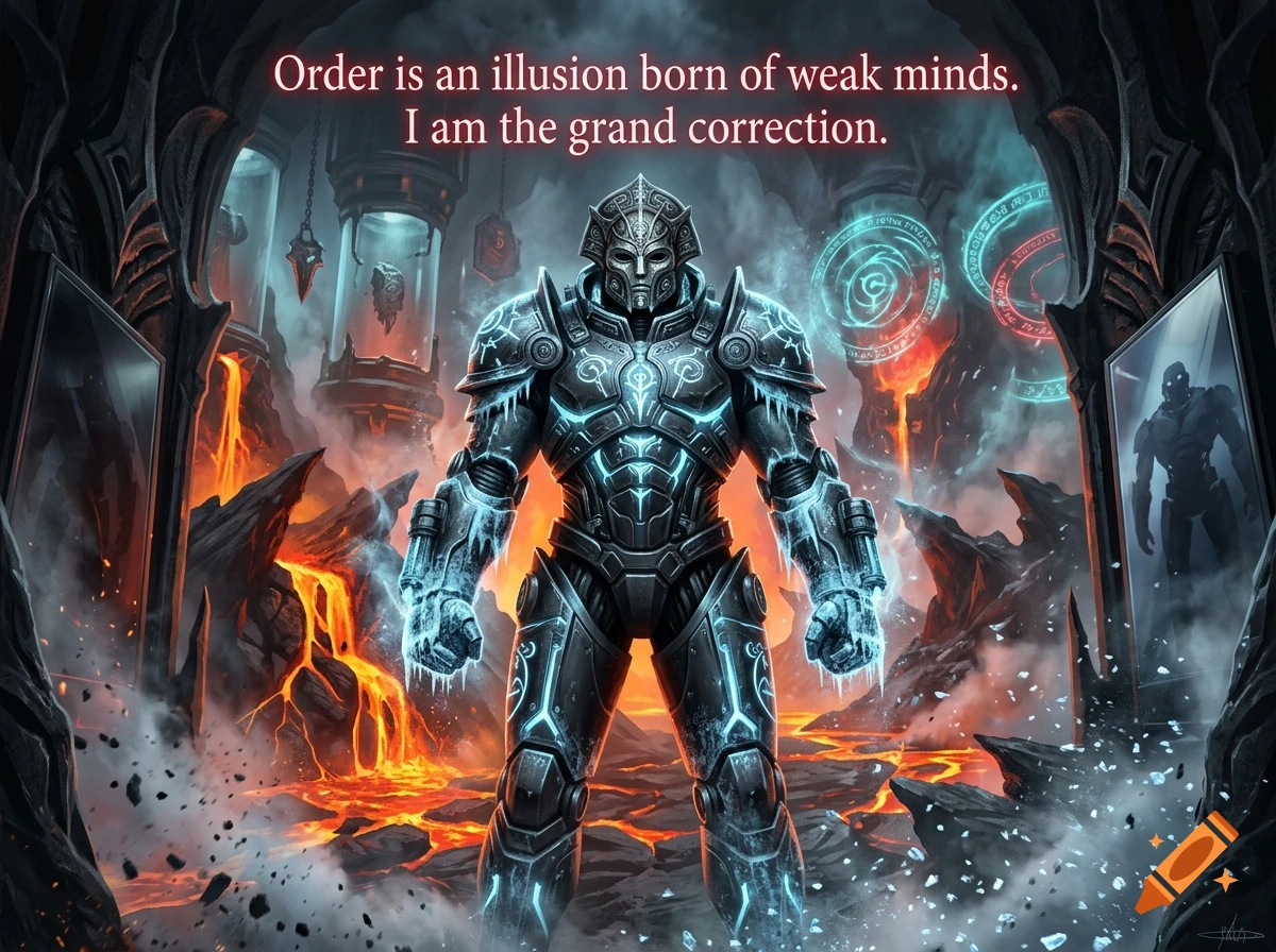 An armored futuristic villain stands in a volcanic caldera, glowing blue energy and text overhead in digital art style.