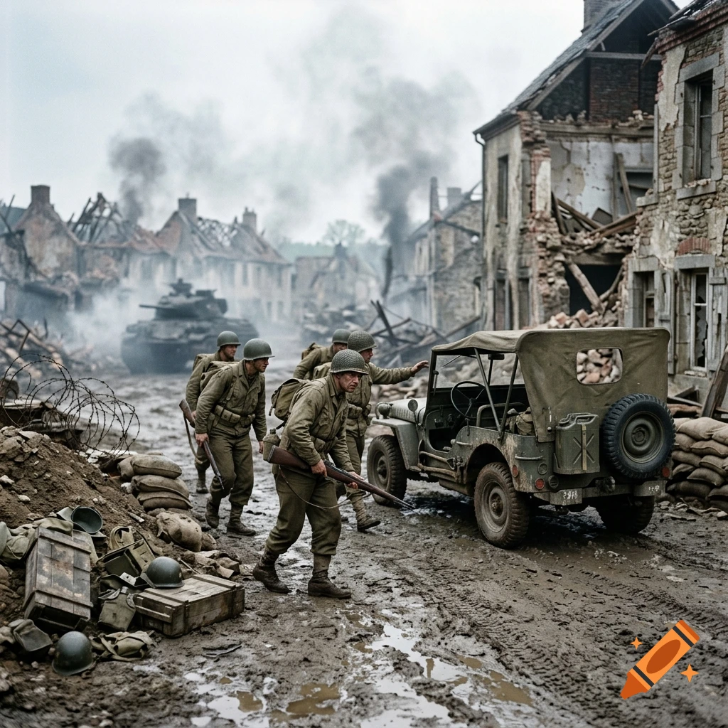 Soldiers in WWII uniforms walking past damaged buildings and a military jeep in a war-torn village.