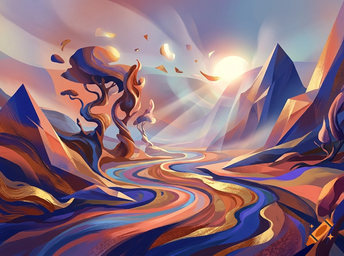 An artistic and colorful landscape illustration featuring stylized mountains, a winding river, surreal trees, and a glowing sun.