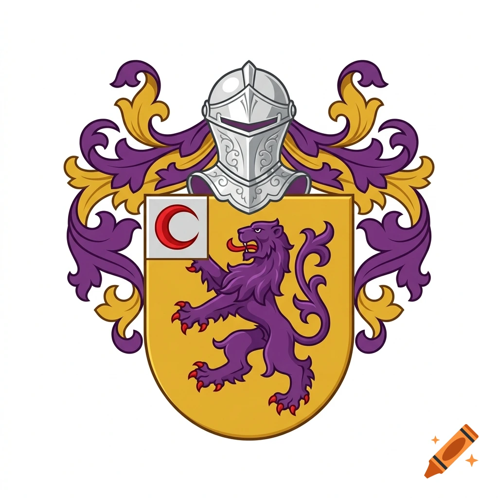 Heraldic coat of arms featuring a golden shield with a purple rampant lion, a silver knight helmet, and purple and gold mantling.