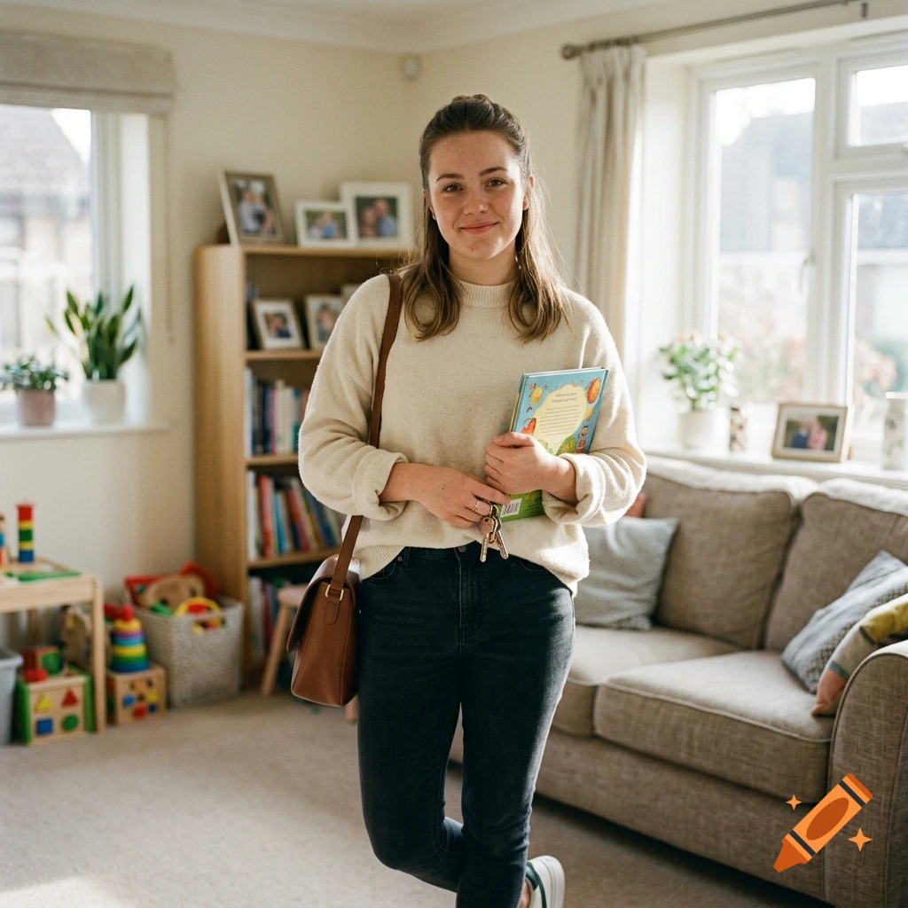 A young woman wearing a cream sweater and dark jeans stands indoors holding a book and keys, with a bookshelf and sofa in the background.