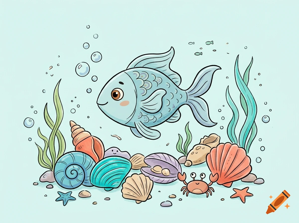 Doodle style illustration of a cute fish and various colorful seashells underwater.