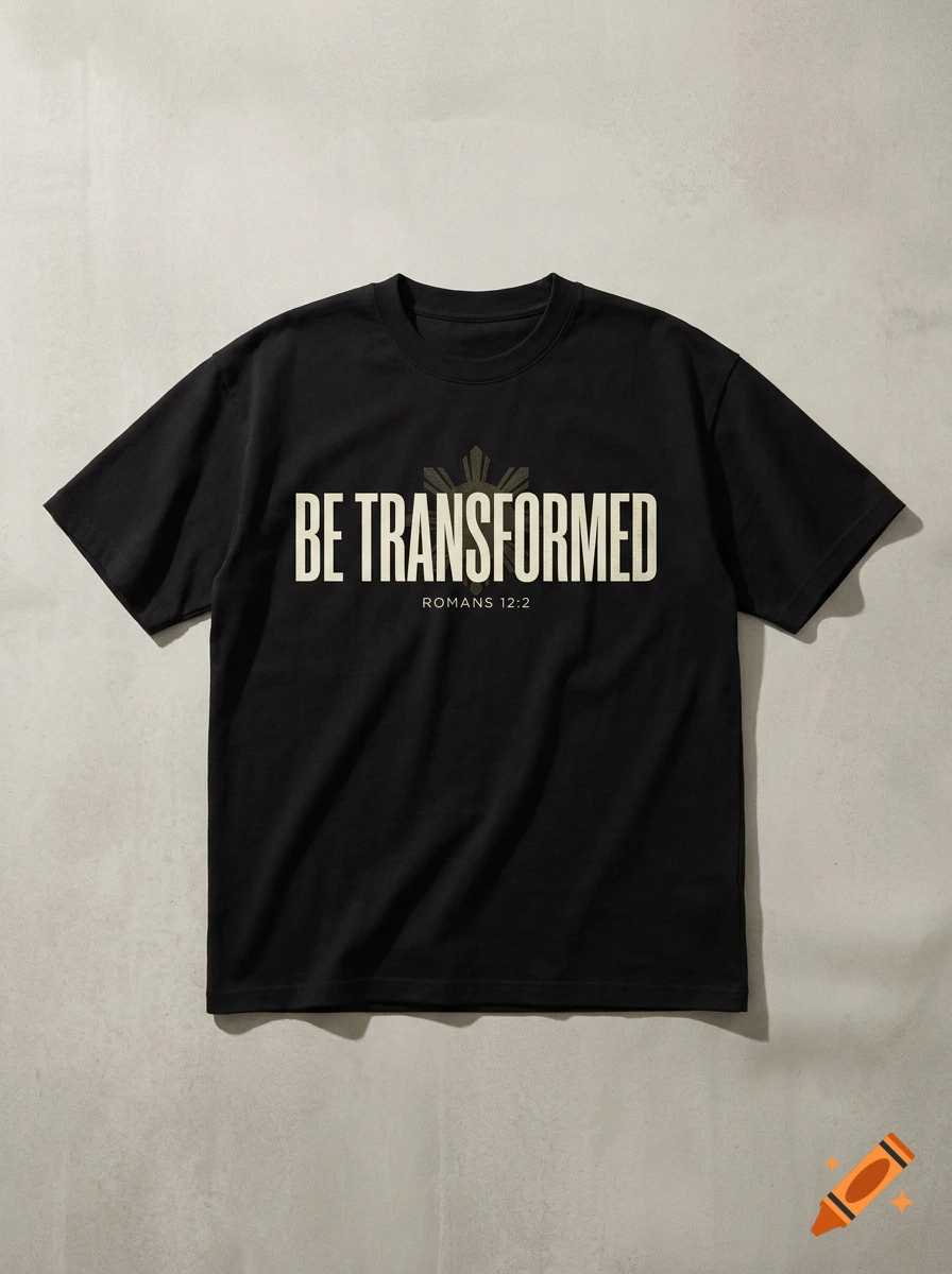 A black t-shirt with the text BE TRANSFORMED and ROMANS 12:2 printed on the chest.