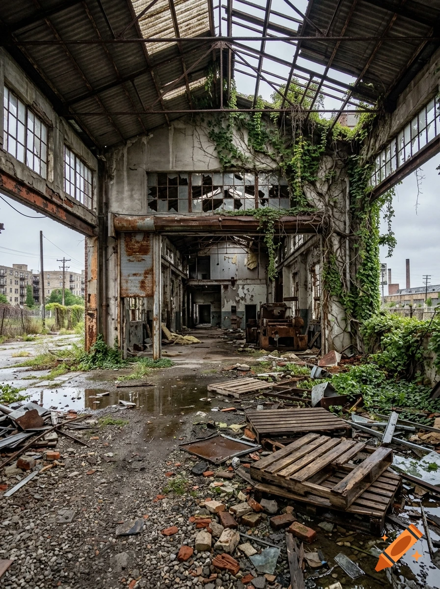 An abandoned, decaying industrial warehouse interior overgrown with vines, with a partially collapsed roof and debris scattered across the flooded concrete floor.