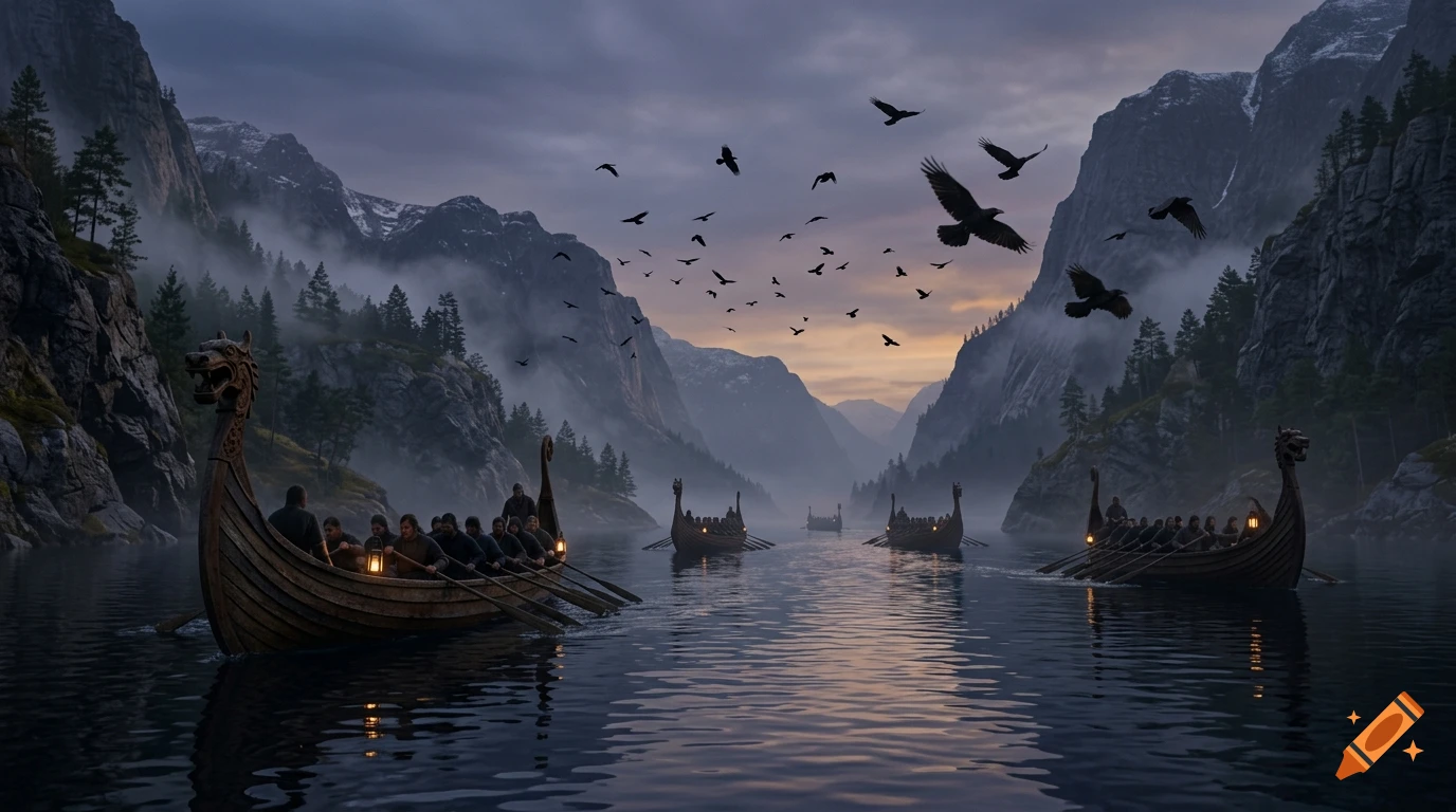 Cinematic view of Viking longships rowing through a calm fjord at dusk with ravens circling overhead amidst majestic mountains.
