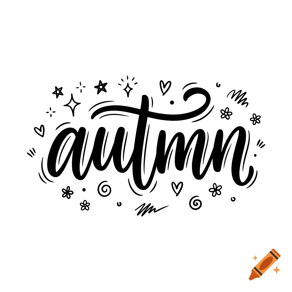 Black handwritten lettering of the word autumn surrounded by small decorative doodles and stars on a white background.