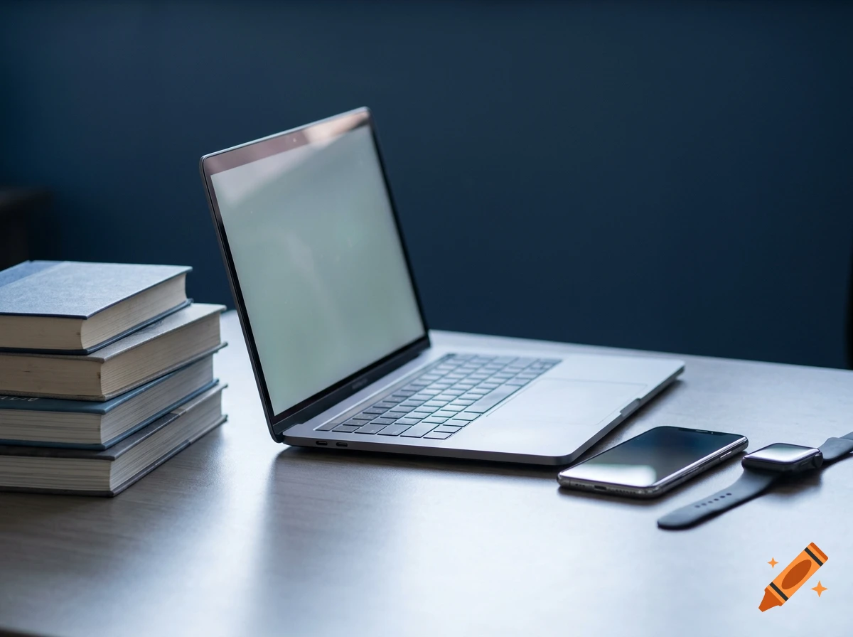 Photorealistic image of a laptop, smartphone, smartwatch, and a stack of books on a wooden desk against a blue background.