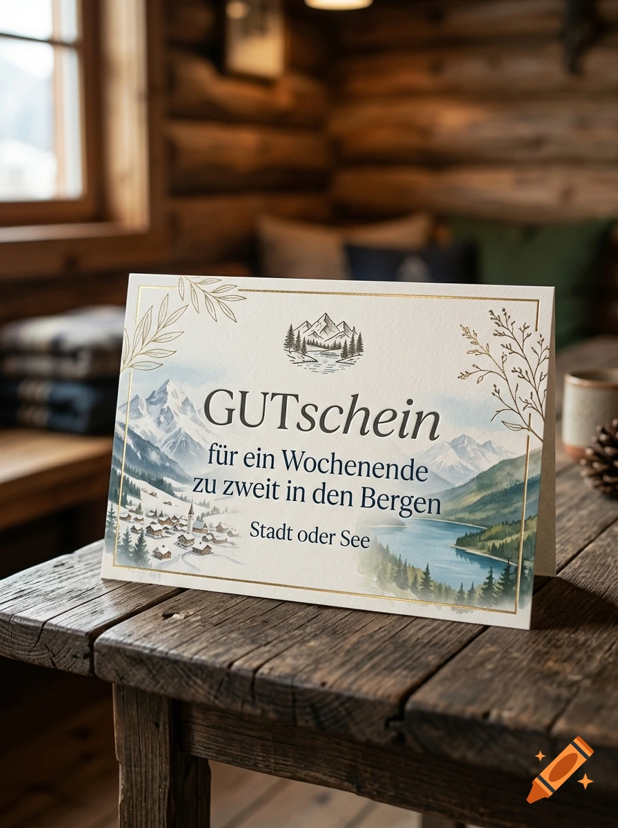 A greeting card with mountain scenery resting on a wooden table inside a cabin.