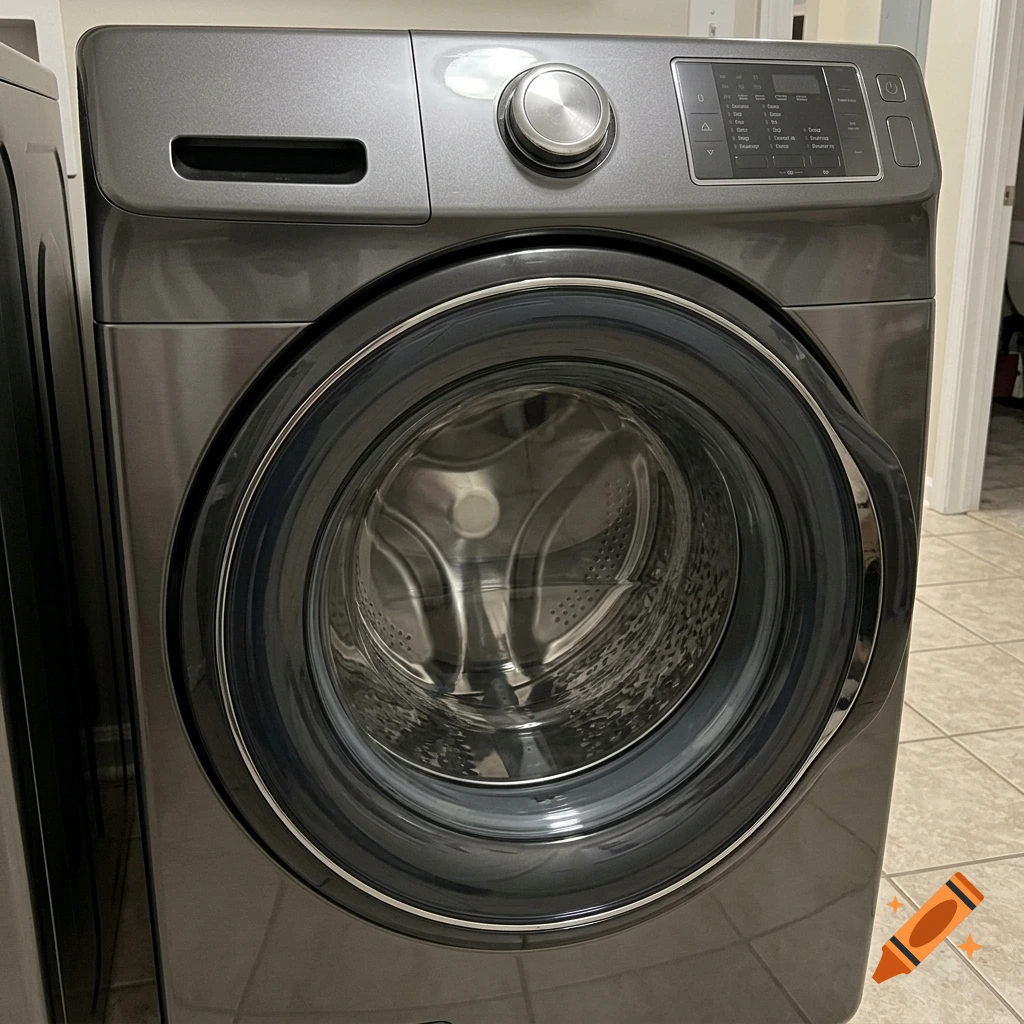 Photorealistic close-up of a modern dark gray front-load washing machine with a digital control panel.