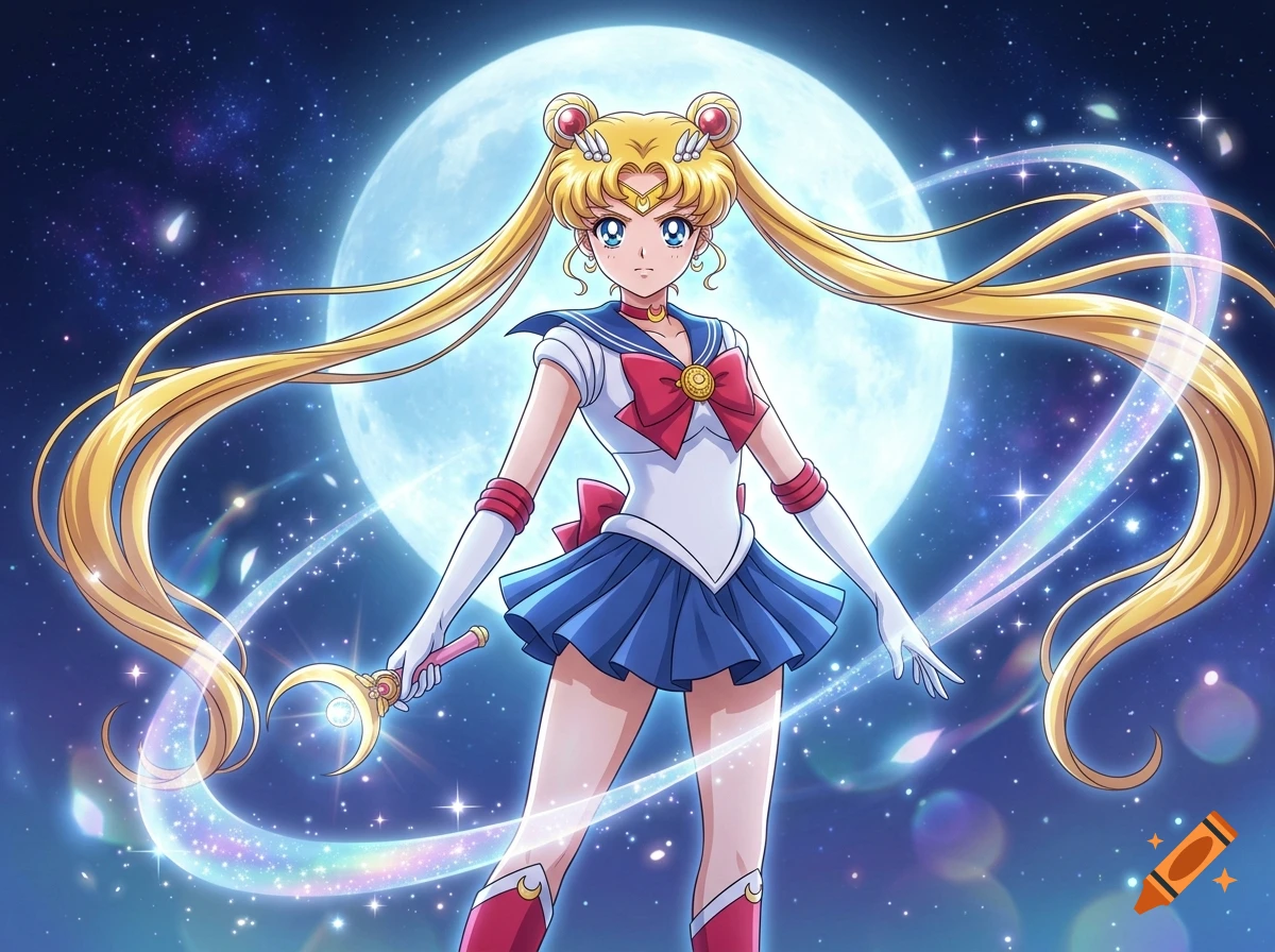 An anime illustration of Sailor Moon standing in front of a full moon and starry night sky, holding a crescent wand with glowing light trails around her.