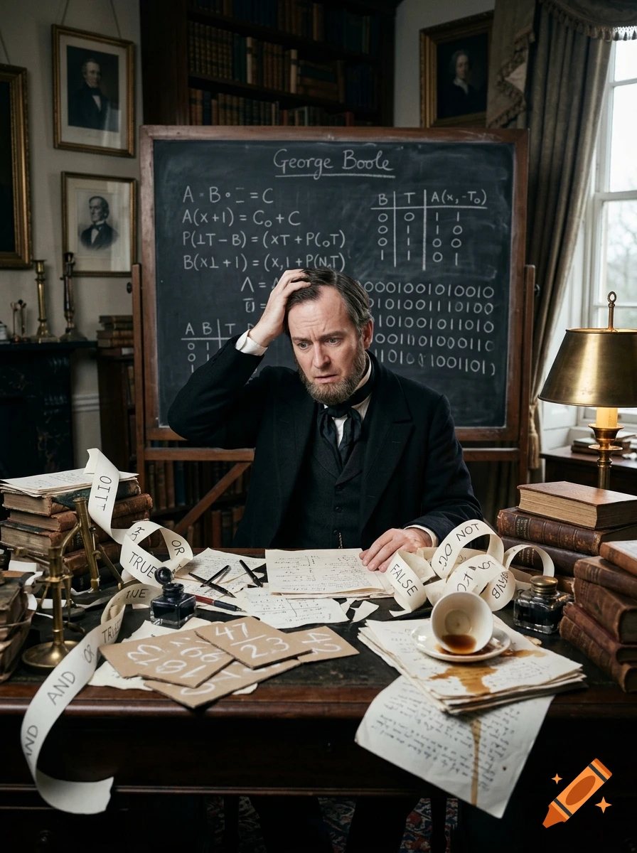 Photorealistic image of a stressed historical man scratching his head at a desk filled with papers, books, and a chalkboard with math formulas.