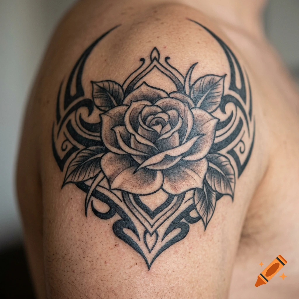 Close-up photorealistic image of a black and grey tribal rose tattoo on a person's shoulder.