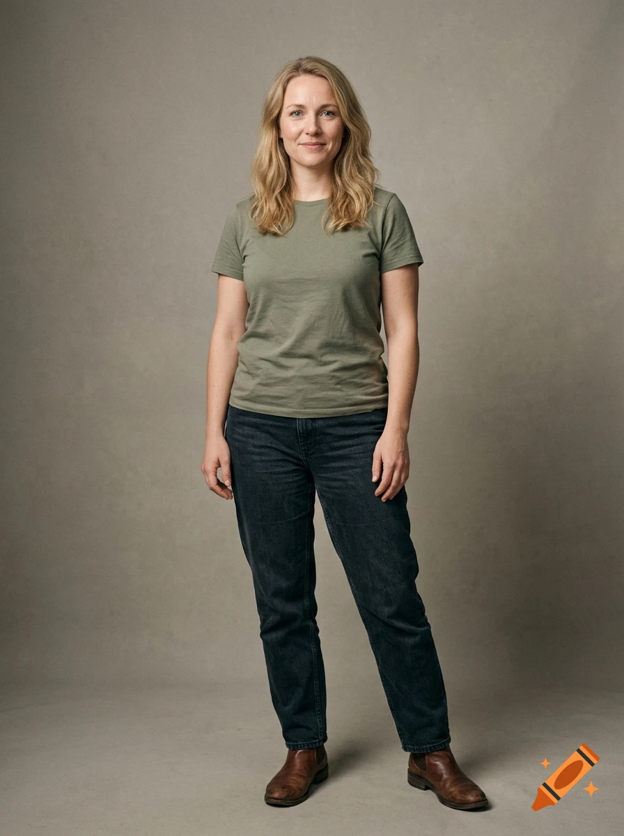 A full-body portrait of a smiling blonde woman wearing a green t-shirt, dark jeans, and brown boots, standing against a neutral gray background.