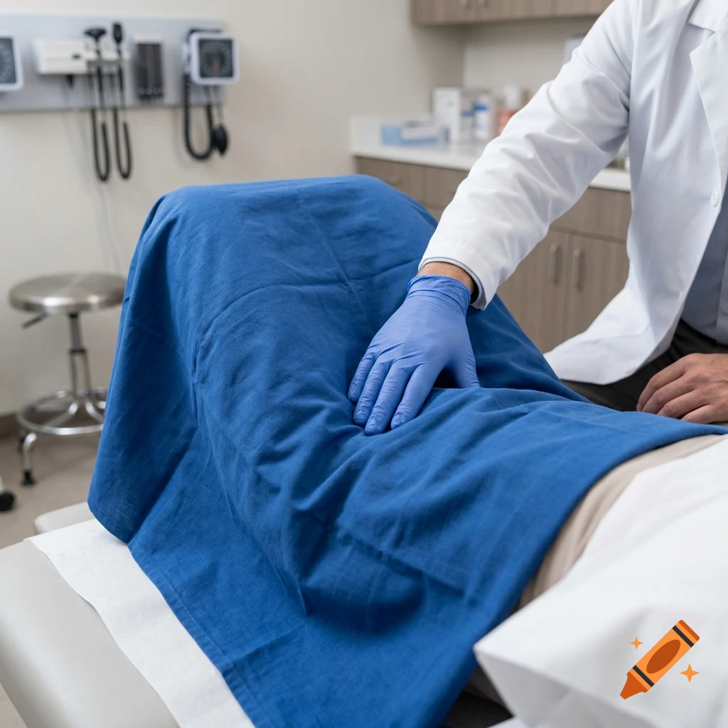 Photorealistic medical examination scene with a doctor in a white coat performing a clinical palpation.