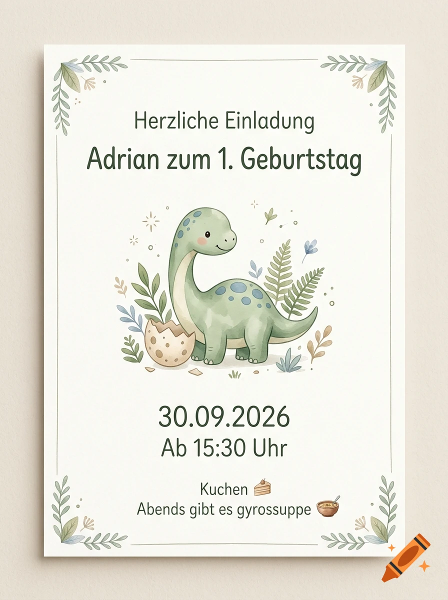 Watercolor birthday invitation for a 1st birthday featuring a cute green dinosaur, hatching egg, and foliage.