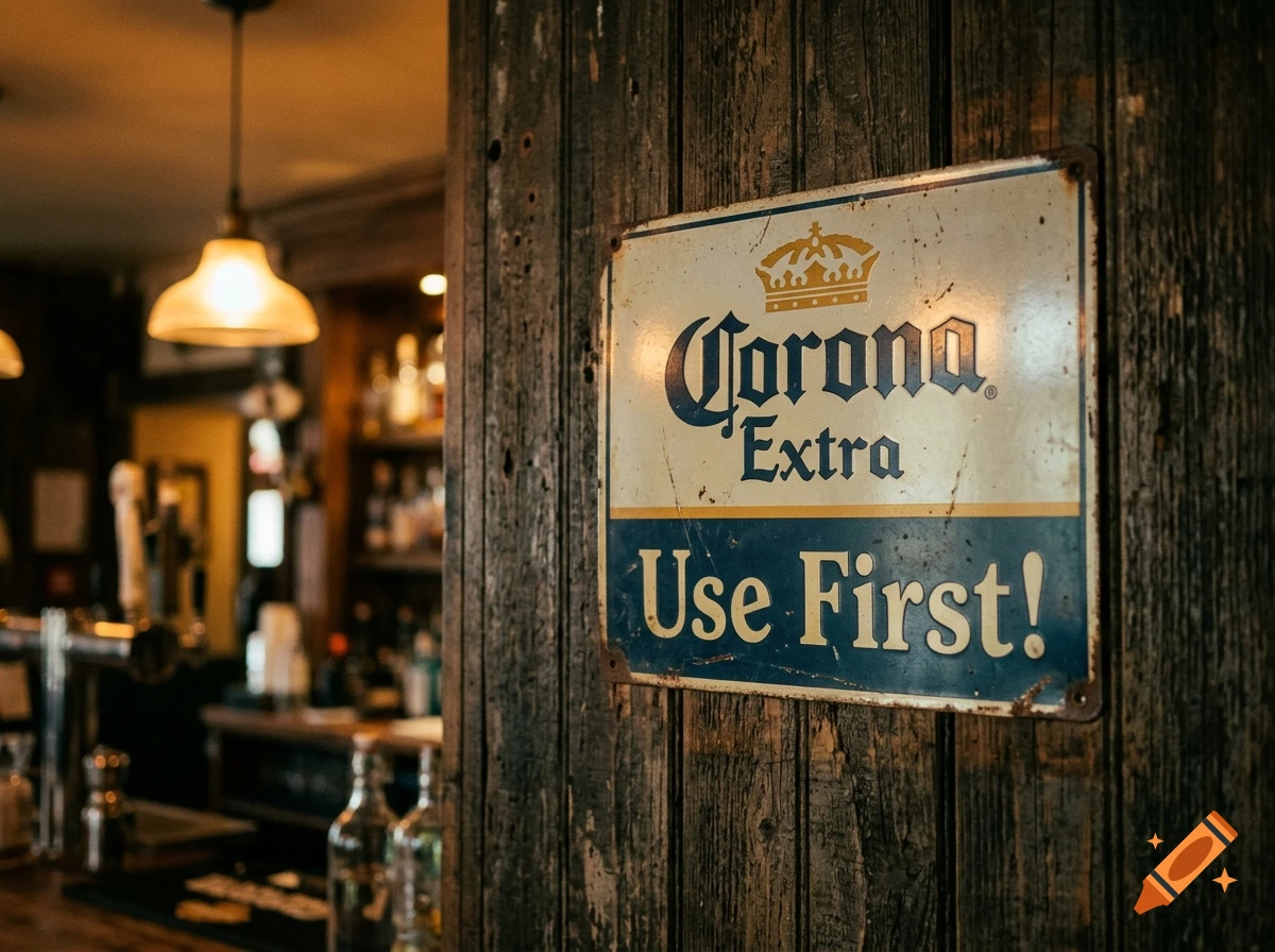A photorealistic sign on a wooden post inside a dimly lit bar, reading 'Corona Extra Use First!'.
