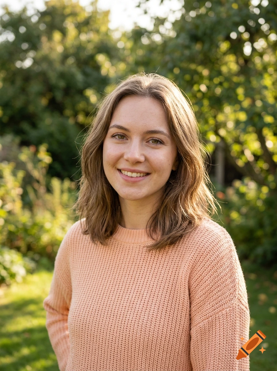 Photorealistic portrait of a smiling young woman with shoulder-length brown hair, wearing a peach-colored sweater, outdoors with a bokeh garden background.