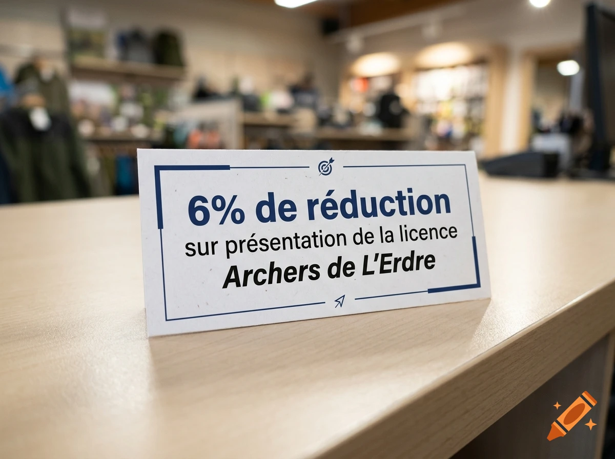 A close-up of a promotional sign on a wooden counter inside a store, reading '6% de réduction sur présentation de la licence Archers de L'Erdre'.