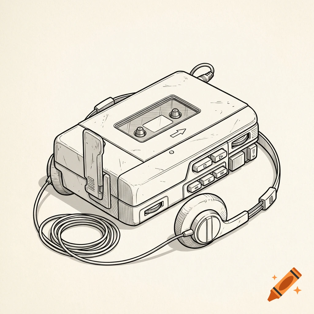 An ink and pencil illustration of a vintage portable cassette player with headphones resting on a light surface.