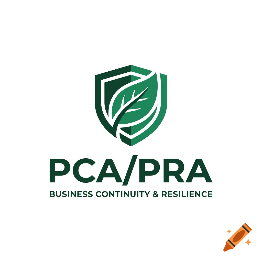 Minimalist corporate logo featuring a green shield and leaf icon with text PCA/PRA BUSINESS CONTINUITY & RESILIENCE.