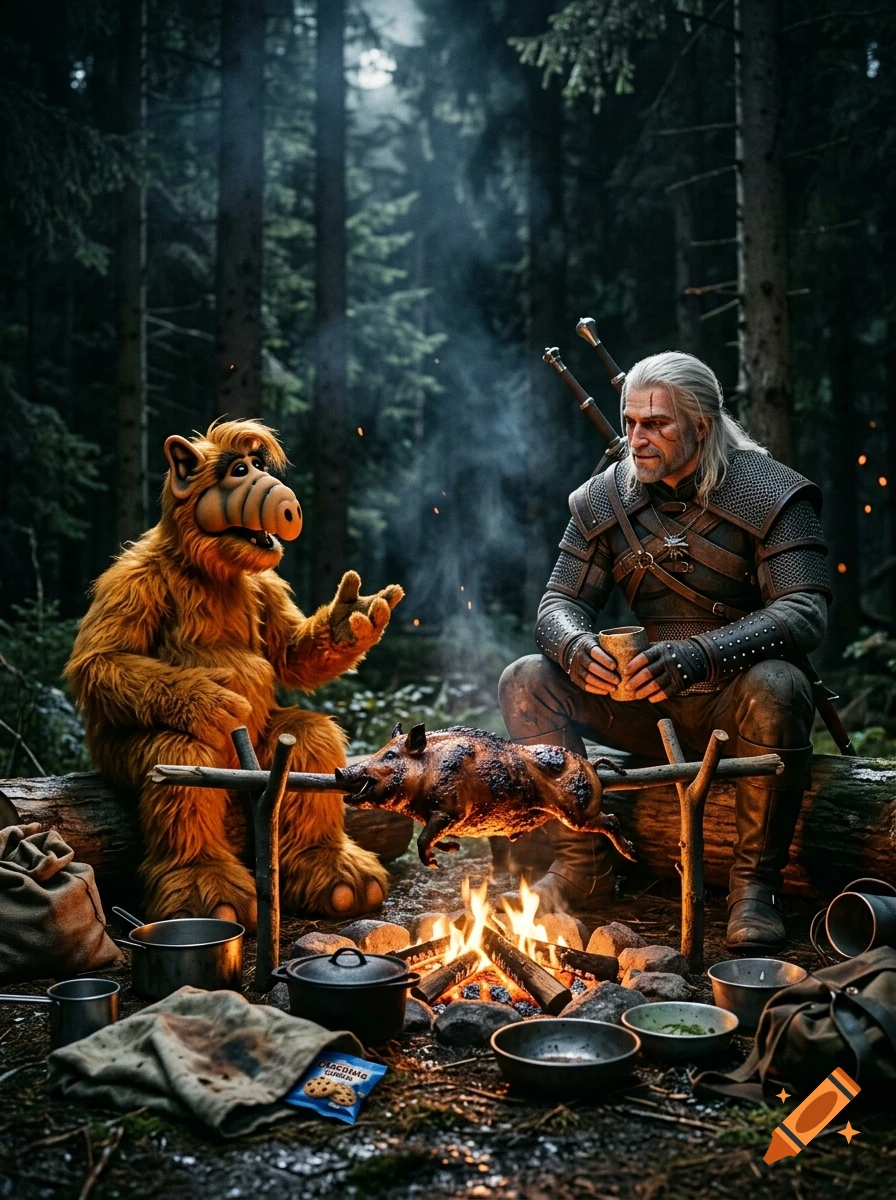 An alien-like furry character and a medieval warrior sitting by a campfire in a forest, roasting a pig on a spit.