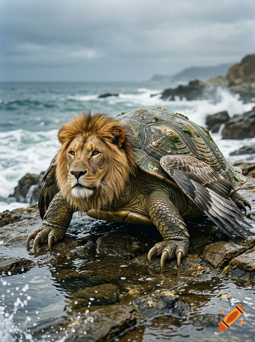 Photorealistic fantasy creature with a lion's head, turtle shell, and feathered wings standing on wet coastal rocks by the sea.