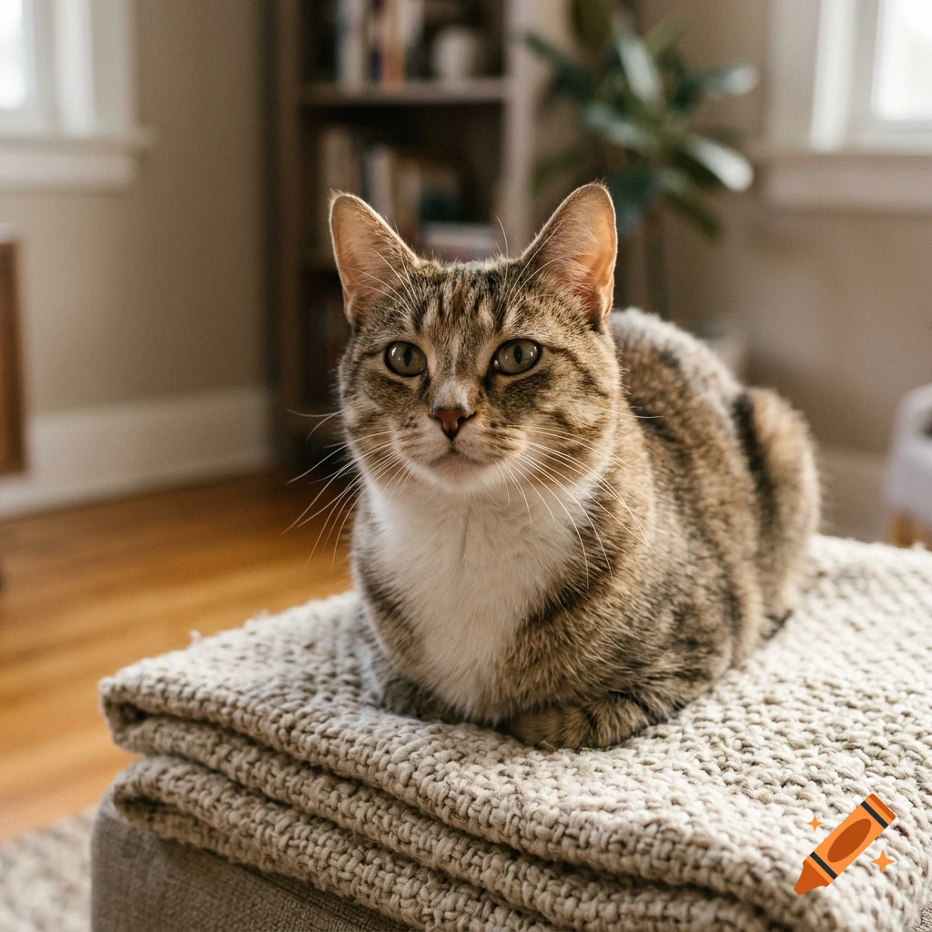 A tabby and white cat sitting on a folded knitted blanket indoors.