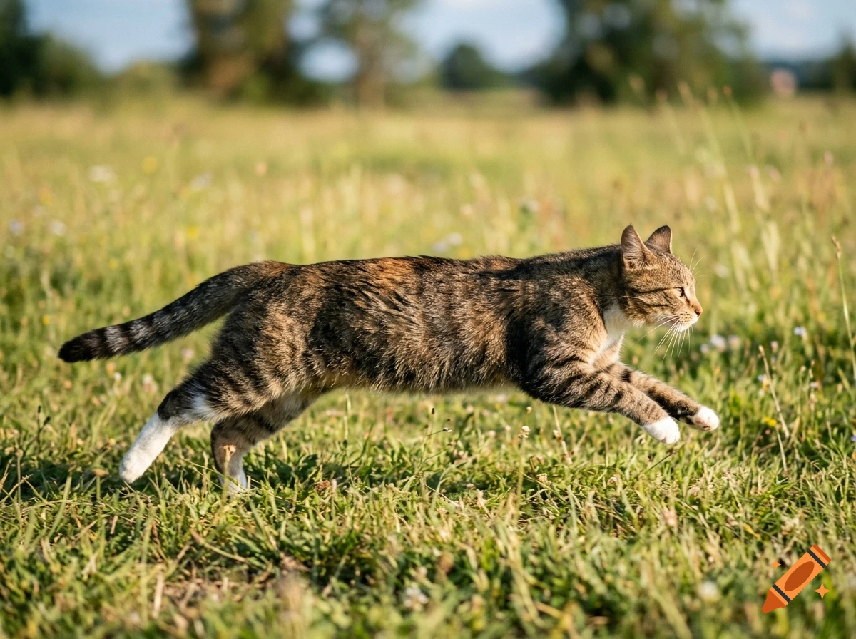 A tabby cat running across a grassy field in daylight.