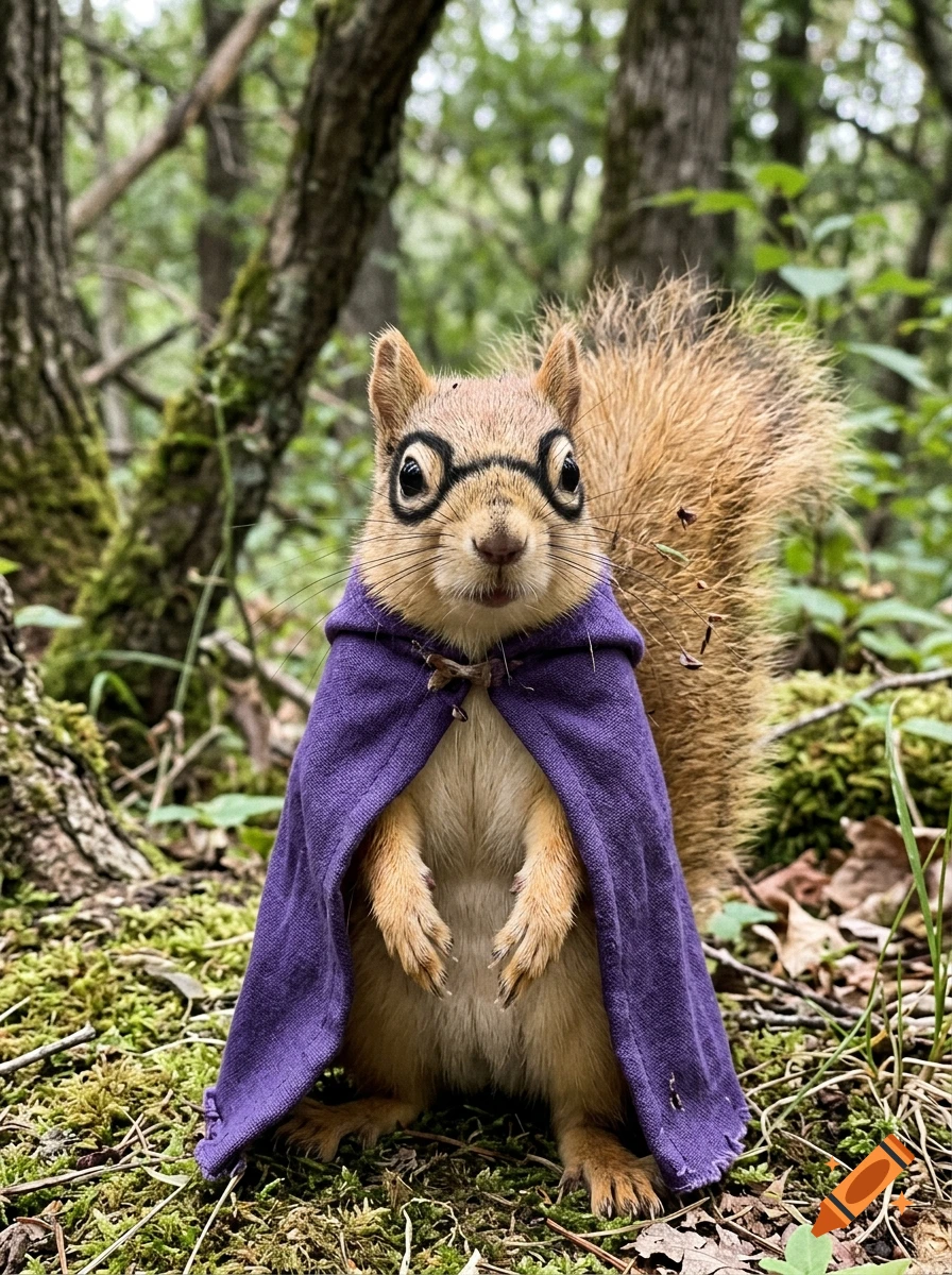 Photorealistic antropomorphic squirrel wearing a purple cape and black eye markings, standing in a forest.