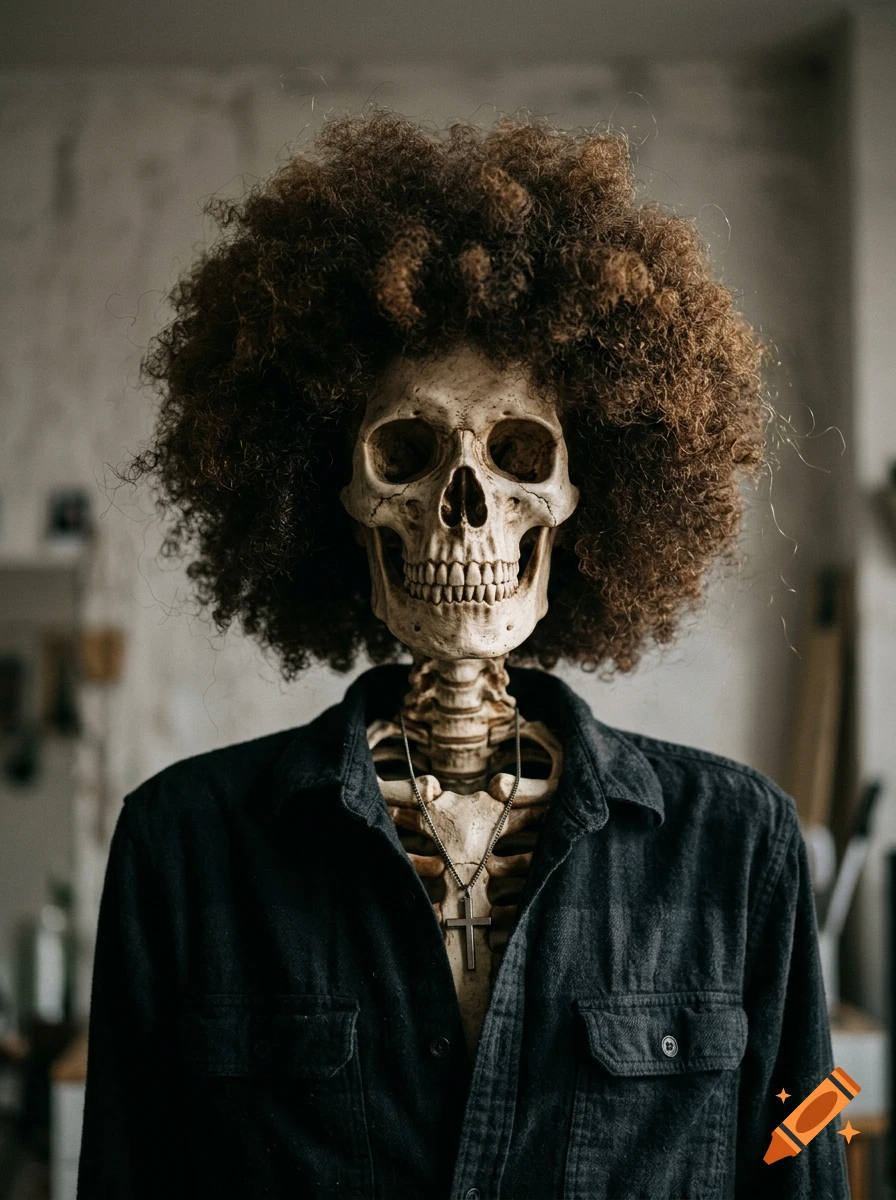 Photorealistic portrait of a skeleton with a brown afro, wearing a black flannel shirt and a cross necklace.