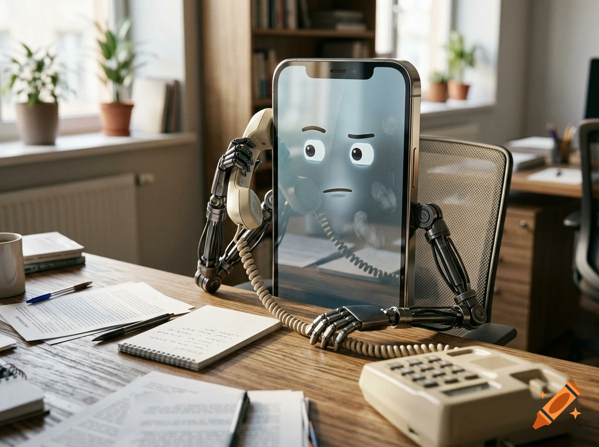 A photorealistic image of a smartphone with a robot face sitting at a wooden office desk, holding a vintage telephone handset.