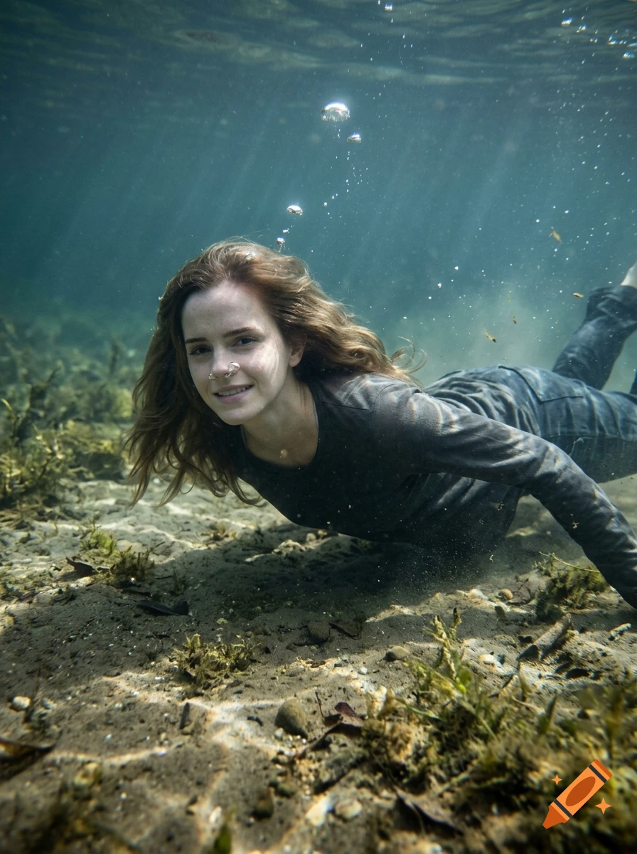 A woman swimming underwater near a sandy bottom, with air bubbles floating upwards.