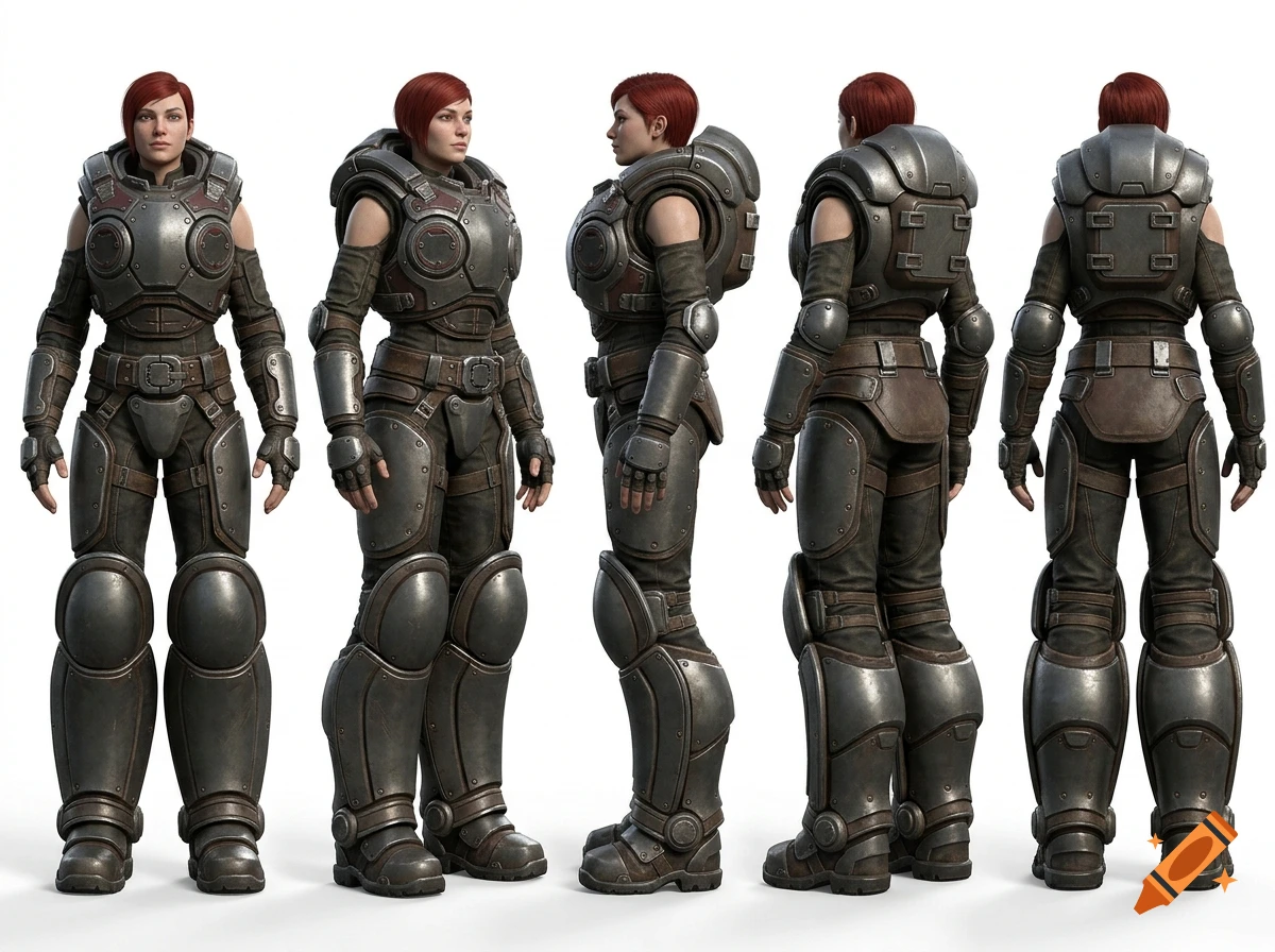 Character design sheet showing multiple angles of a female soldier in heavy armor with short red hair.