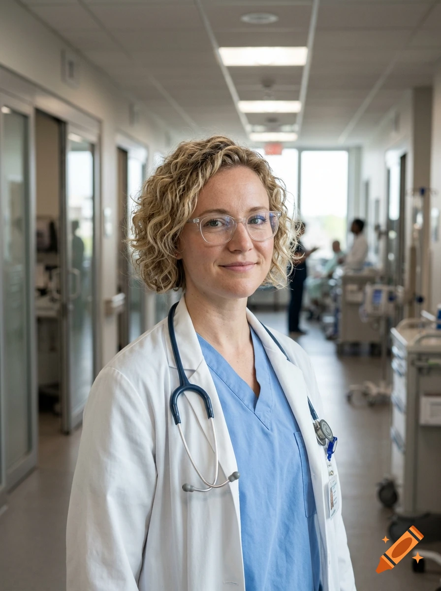 Photorealistic medium shot of a female nurse with curly blonde hair and glasses, wearing a lab coat and stethoscope, in a hospital hallway.
