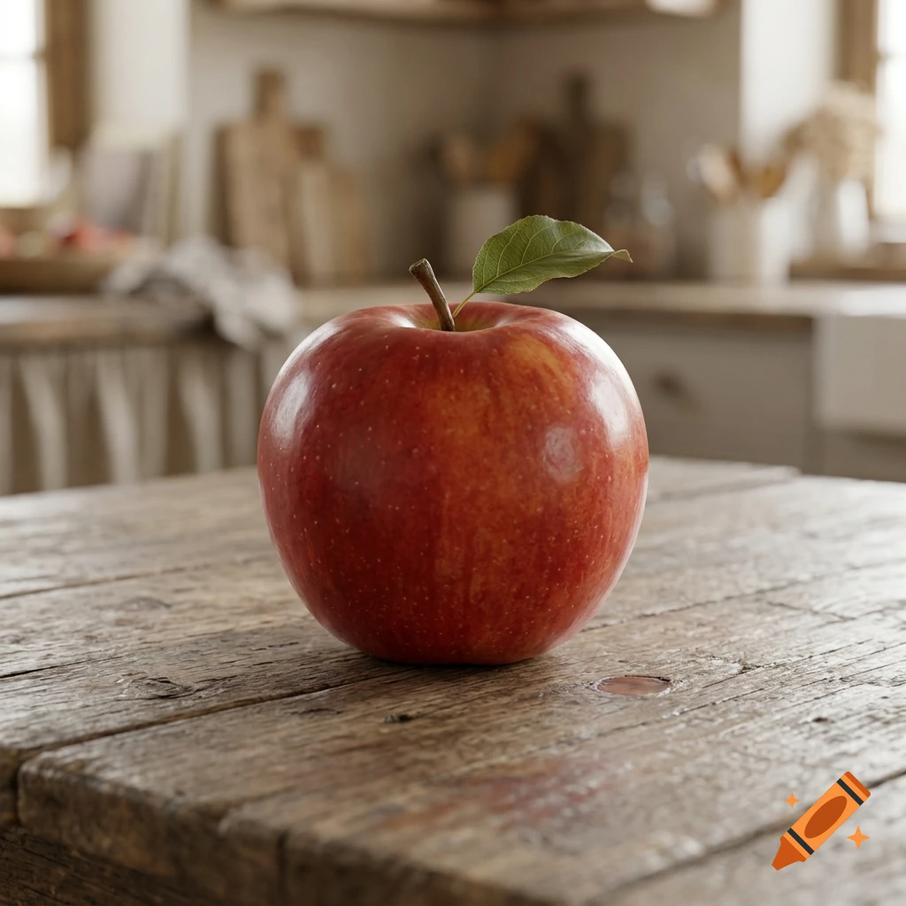 A ripe red apple with a stem and a single green leaf sits on a rustic wooden table inside a kitchen.