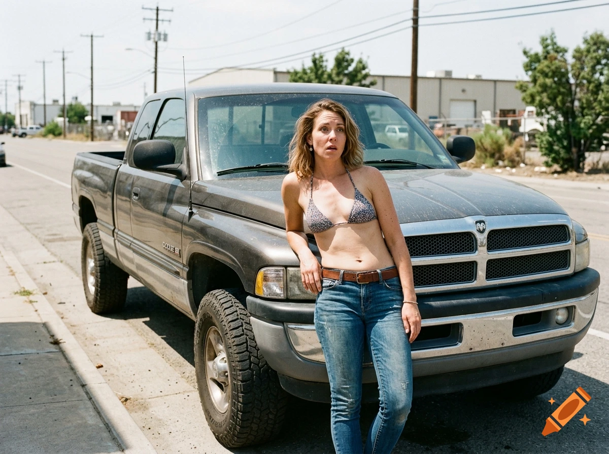 A woman in a bikini top and blue jeans leaning against a pickup truck in a street setting, photorealistic style.