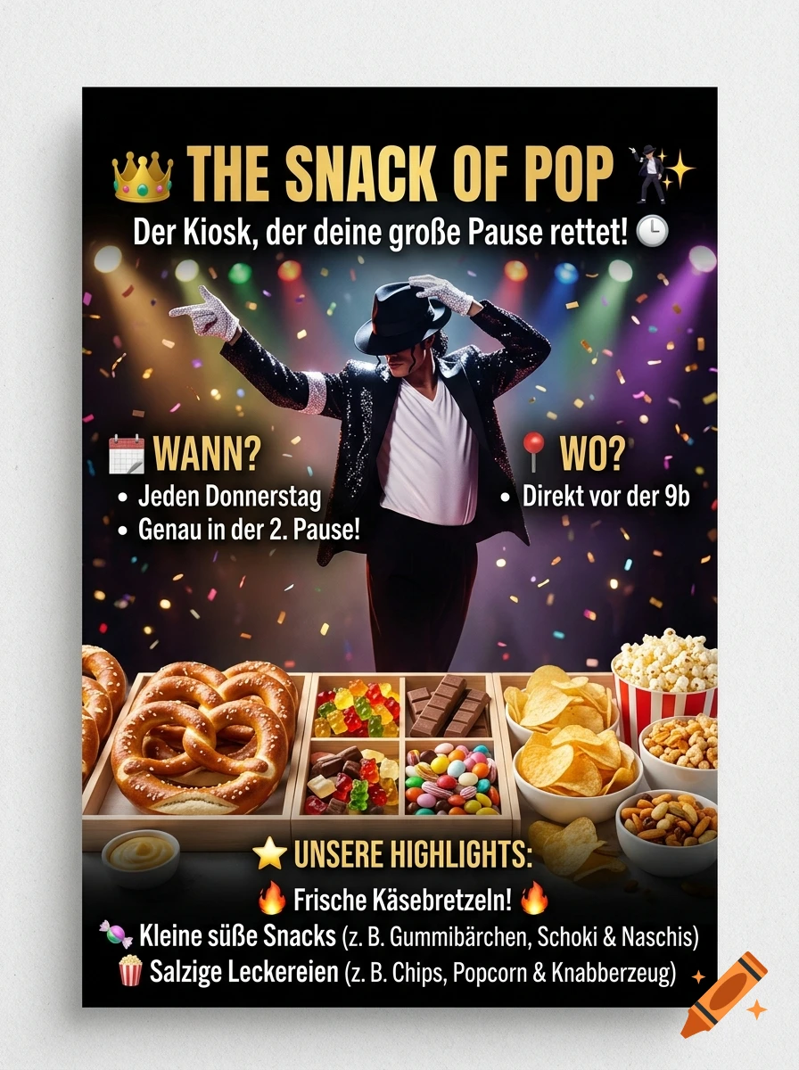 Flyer for a school kiosk featuring a dancing Michael Jackson impressionist and various snacks like pretzels and gummy bears.